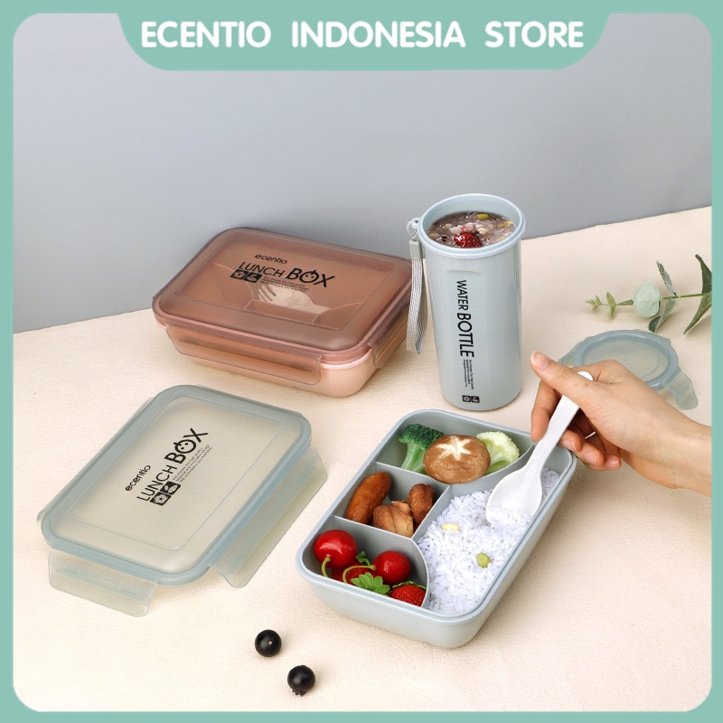 ecentio tempat makan set/ 1100ml 4 grid Kotak makan siang dengan botol air 500ml/tempat makan siang portabel anti bocor lunch box set