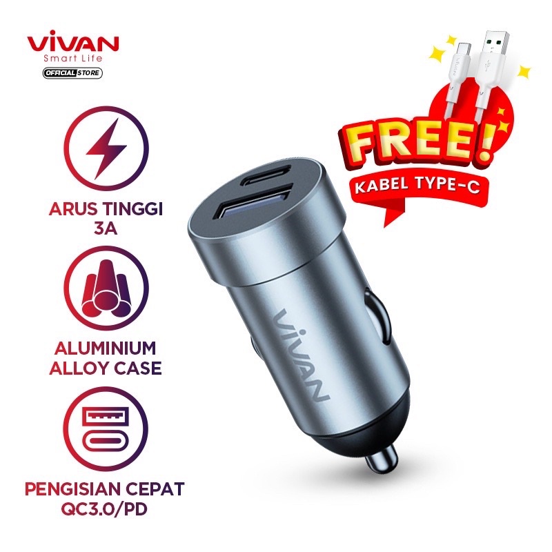 VIVAN VCC02 Car Charger Casan Mobil 2 Ports USB-A &amp; Type C 20W 3A QC3.0 PD Fast Charging Garansi 1 Tahun Silver