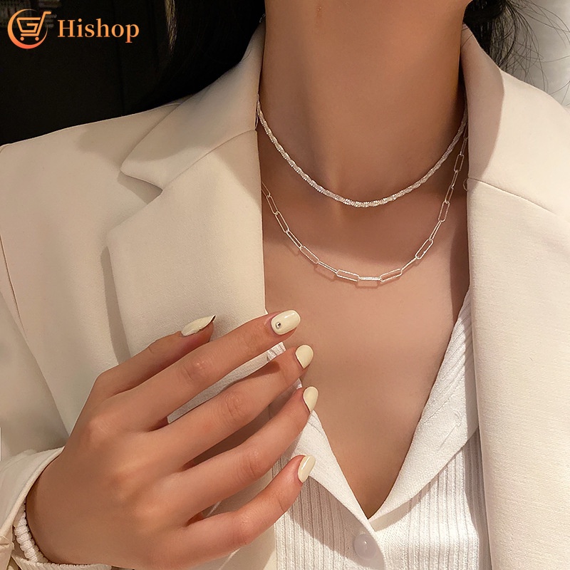 2pcs / Set Kalung Choker Rantai Tipis Warna Silver Untuk Wanita