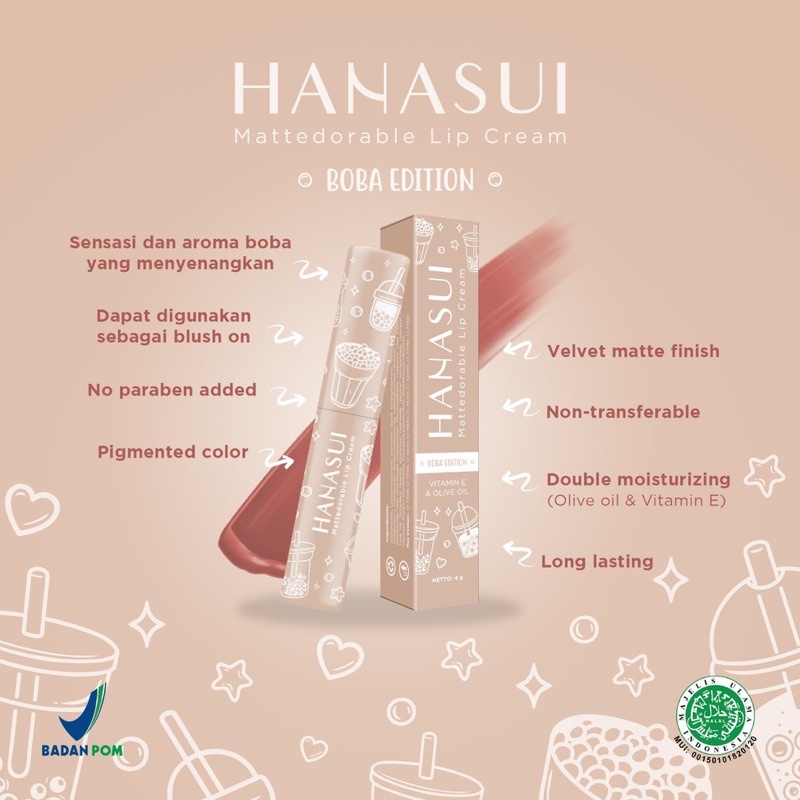 HANASUI MATTEDORABLE LIPCREAM BOBA EDITION Matte Lipstick | 01 Forest Berry | 02 Brown Sugar | 03 Salted Caramel | 04 Pink Lava | 05 Creamy Peach | 06 Hazelnut Latte Lip Cream Lipstick Hanasui Terbaru