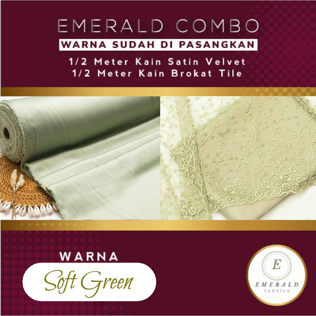 COMBO 1/2 Meter Brokat Tile Akar Bunga + 1/2 Meter Furing Satin Velvet Silk Premium By Emerald Textile