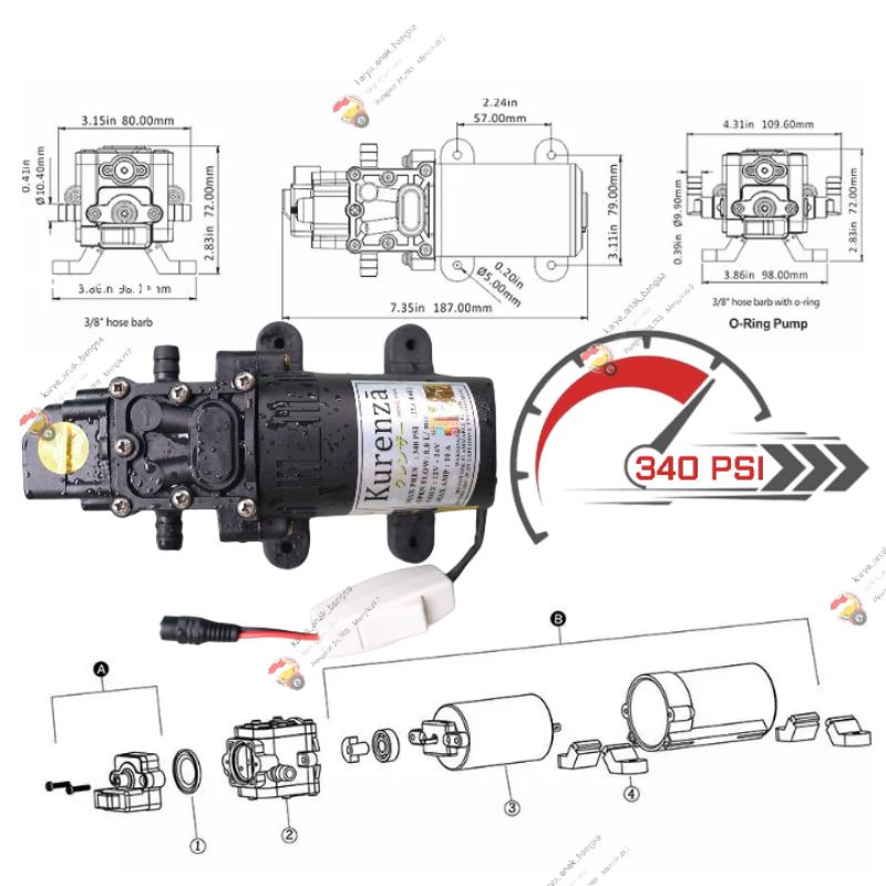 🟡 Paket Mesin 340psi Otomatis Water Pump DC Dinamo  Tekanan Tinggi Air  Diafragma Elektrik Motor