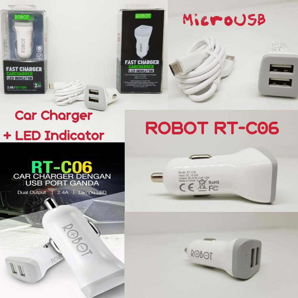 ROBOT RT C06 Dual Output Car Charger 2.4A Fast Charging with LED Indikator Charger Mobil RTC06 ORIGI