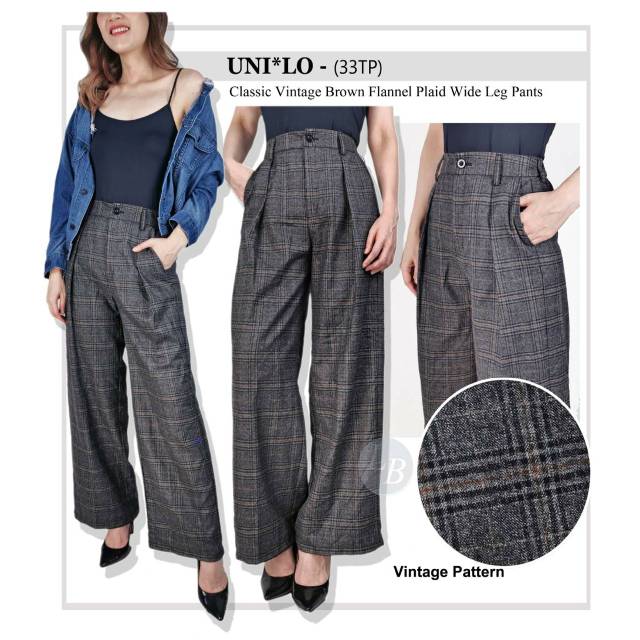 UNIQLO classic vintage dark flannel  plaid  wide leg pants 