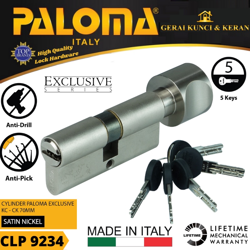 PALOMA CLP 9234 KNOB CYLINDER ITALY 70 MM EXCLUSIVE KUNCI PINTU BRASS SATIN NICKEL