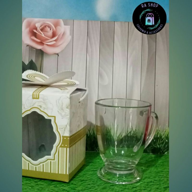souvenir pernikahan gelas gagang piala kemas box motif