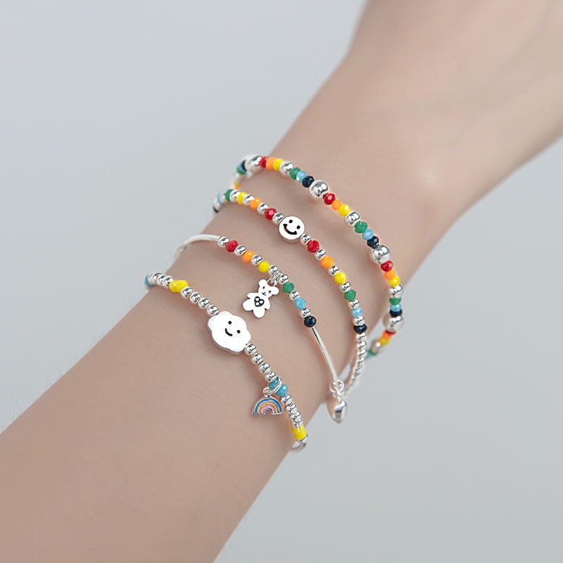 Gelang Tangan Silver Aksen Manik-Manik Motif Beruang / Awan / Smiley Untuk Wanita