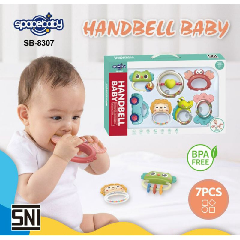 SIYA✨FREE BUBBLEWRAP HANDBELL GIGITAN BAYI SPACEBABY RATTLE TEETHER SET ISI 5 SB 8305 8306 8307 GIGITAN BAYI SPACEBABY SB8305 KADO ULTAH MURAH KADO MURAH KADO ANAK MURAH