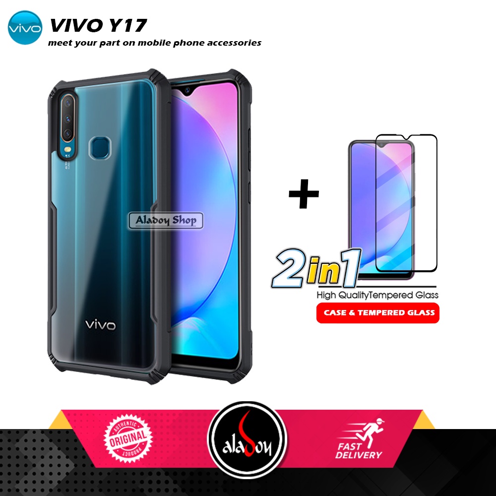 PAKET 2 IN 1 Case Vivo Y17 Armor Fusion Transparent Prmium Casing Free Tempered Glass