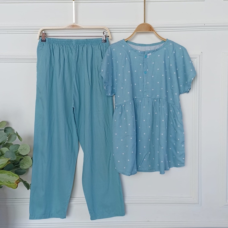 SETELAN BAJU TIDUR PIYAMA WANITA ONE SET PAJAMAS RUFFLE KANCING BUSUI CELANA PANJANG-BBR 16