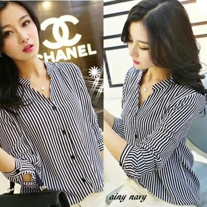 Zara Plain Shirt Baju Kemeja Cewek Halus Merah Biru Wanita Mura FH417 Hem Bunny Salur - Navy
