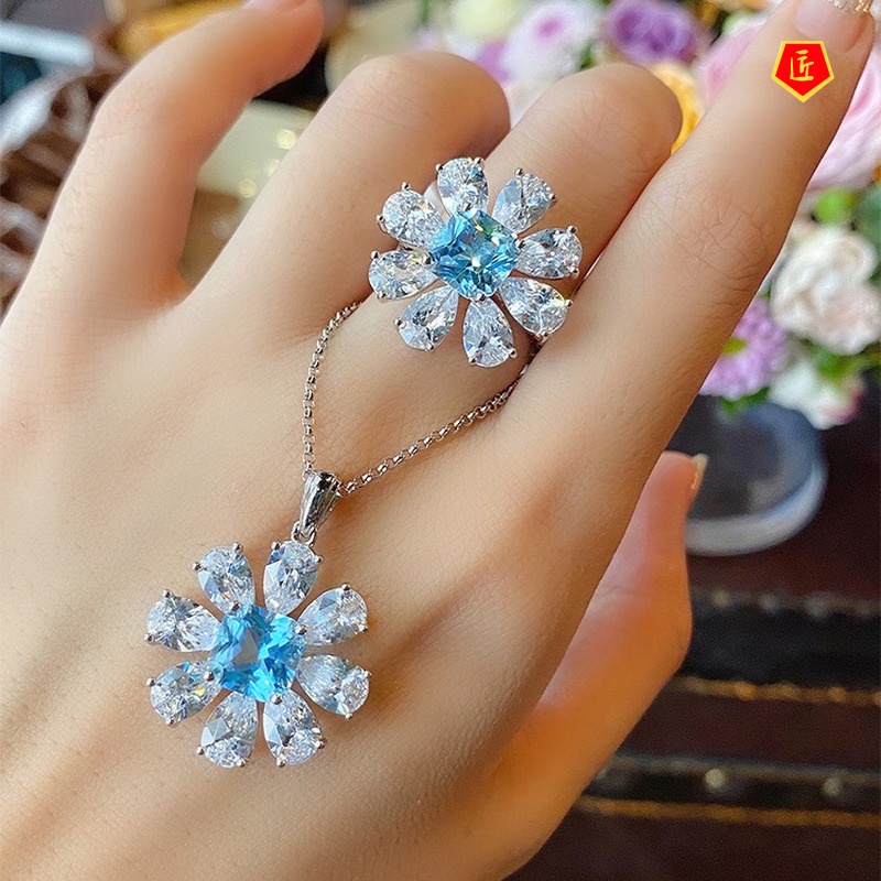 [Ready Stock]Natural Blue Topaz Necklace Ear Stud Ring Set for Women