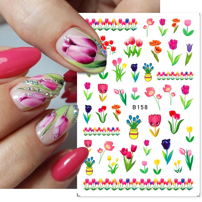 1 Lembar Stiker Kuku 3D Desain Bunga Tulip Warna-Warni Untuk Dekorasi Nail Art