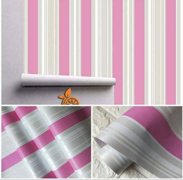 Wallpaper stiker dinding motif salur pink mix silver