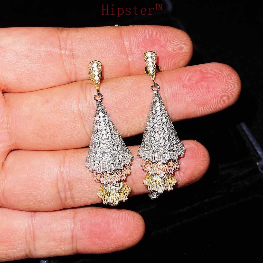 Hot Sale Design Luxury Micro Inlaid Zircon Three-Color Three-Dimensional Skirt Earrings