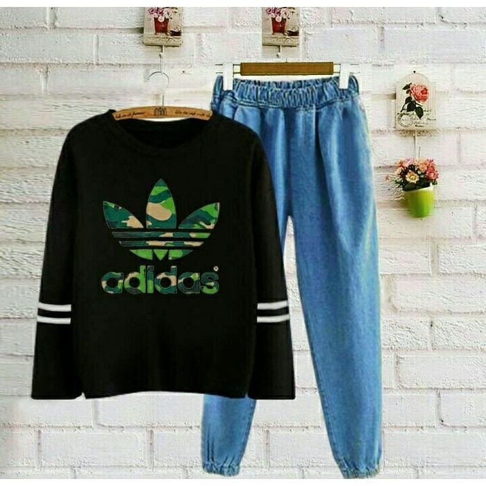 Set Logo Adidas Army Baju Setelan Wanita Kekinian