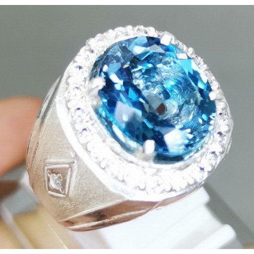 Batu Permata Blue Topaz London Asli Natural Bersertifikat Cincin Perak 925 Ori Bisa COD