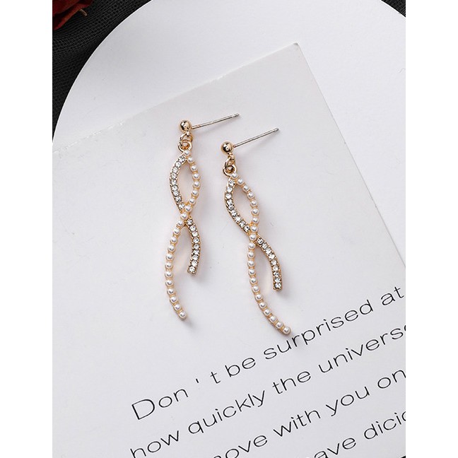 LRC Anting Tusuk Fashion Gold 925 Silver Needle Artificial pearl Curved Line Cross Earrings D42781