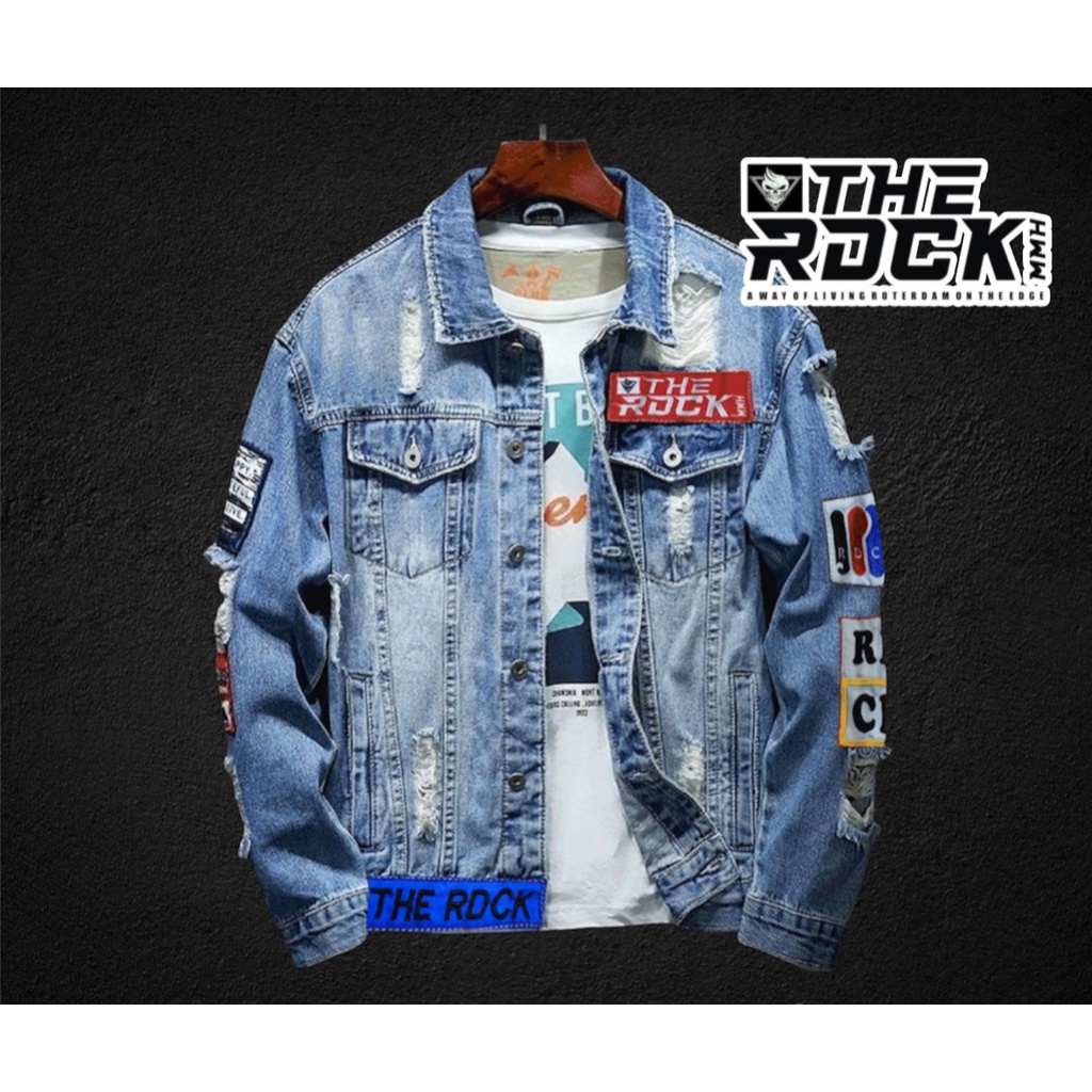 Jaket Jeans Pria Terbaru Morif Emblem Dan Sobek-Sobek/ Jaket Jeans Cowo Keren/ Jaket Jeans Pria The Rock Sobek