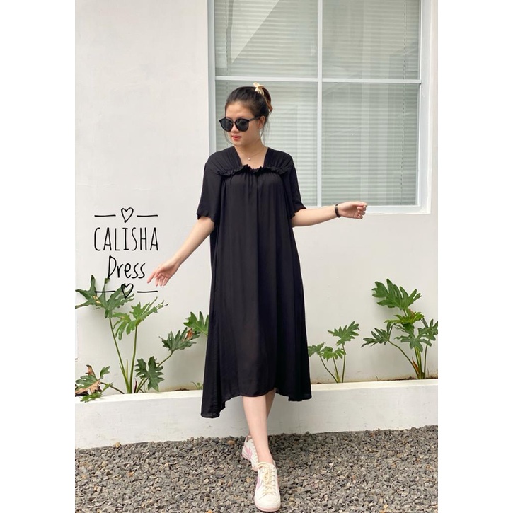 Dress Calisha midi homdress terbaru murah Bahan Rayon Premium kahatex All size aplikasi Remple dibag