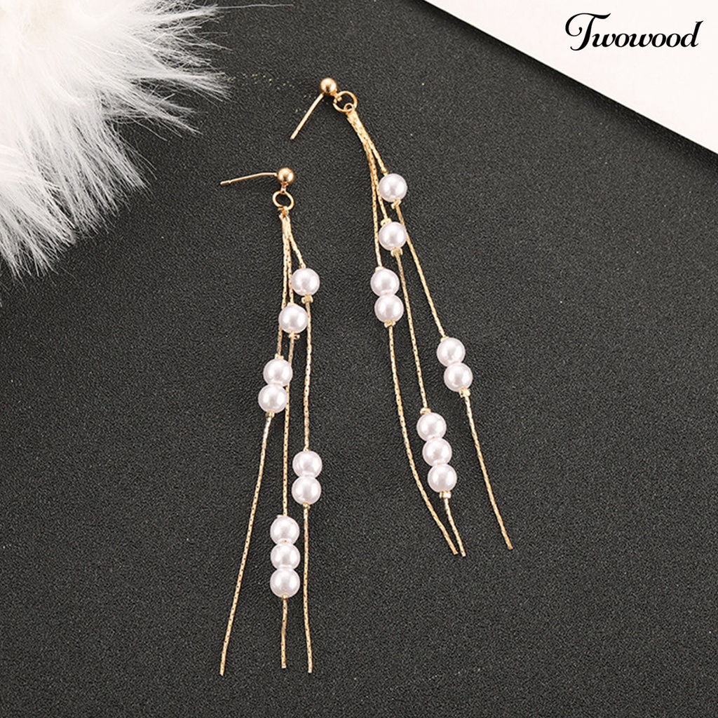 Twowood 1 Pair Dangle Earrings Elegant Long Tassels Alloy Sparkling Rhinestone Faux Pearl Earrings for Women