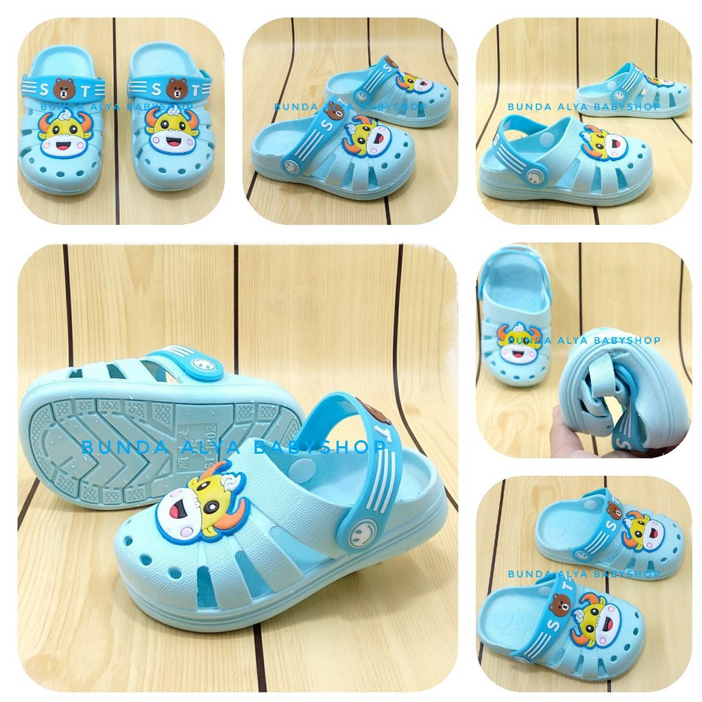 Sendal Anak Laki Import Usia 6 Bulanan Elastis BIRU MUDA - Sandal Anak Cowok Motif COW Karet Anti Licin