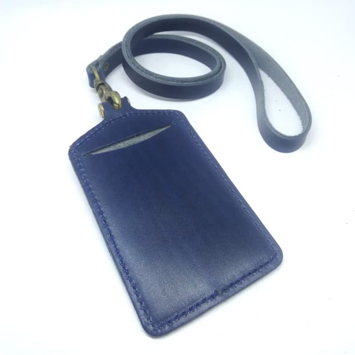 gantungan ID card kulit asli biru - tali id card holder - PHID285