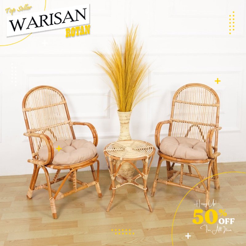 Kursi Teras Pengki Rotan Aesthetic Minimalis 1 Set - 2 Kursi Minimalis