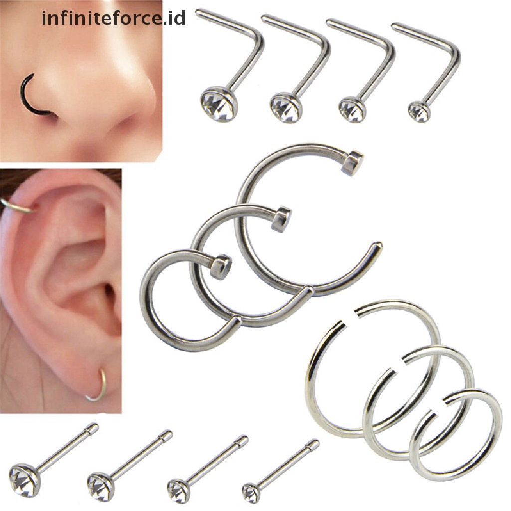14pcs / Set Cincin Hoop Tindik Tubuh Hidung Bahan Stainless Steel