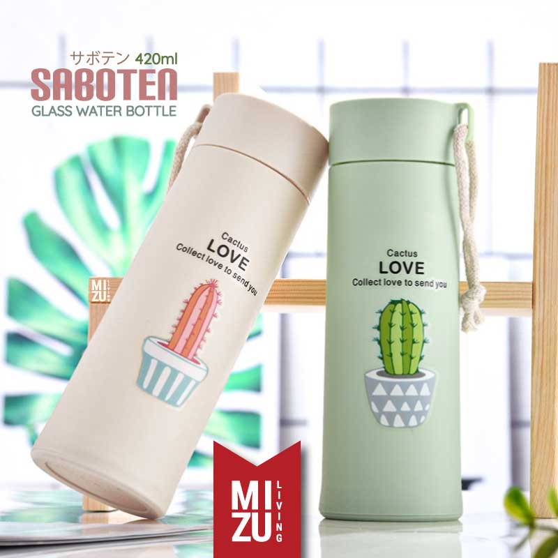 MIZU SABOTEN Glass Water Bottle Botol Air Minum Kaca BPA-Free Tumbler Kaktus