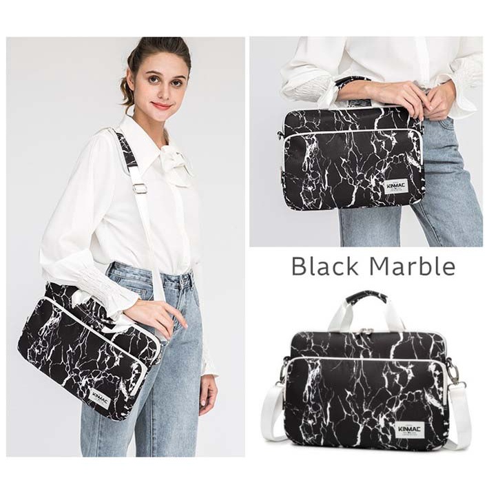 Tas Laptop Macbook KINMAC Longstrap white &amp; Black marBle 13 14 15 16 inch