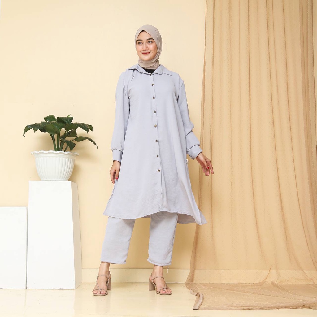 Oneset Tunik Adhisa Crinkle Airflow / Setcel Tunik Crinkle Airflow Busui / Setelan Tunik Crinkle Variasi Kancing Belakang Kancing Depan Full Hidup