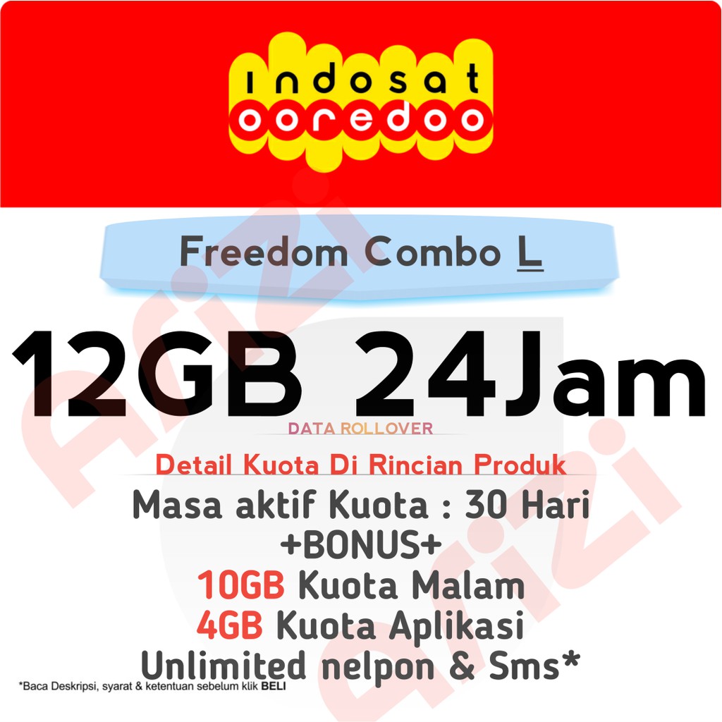 Indosat Freedom Combo L 12GB = 4GB + 8GB 4G 24 Jam 30 Hari