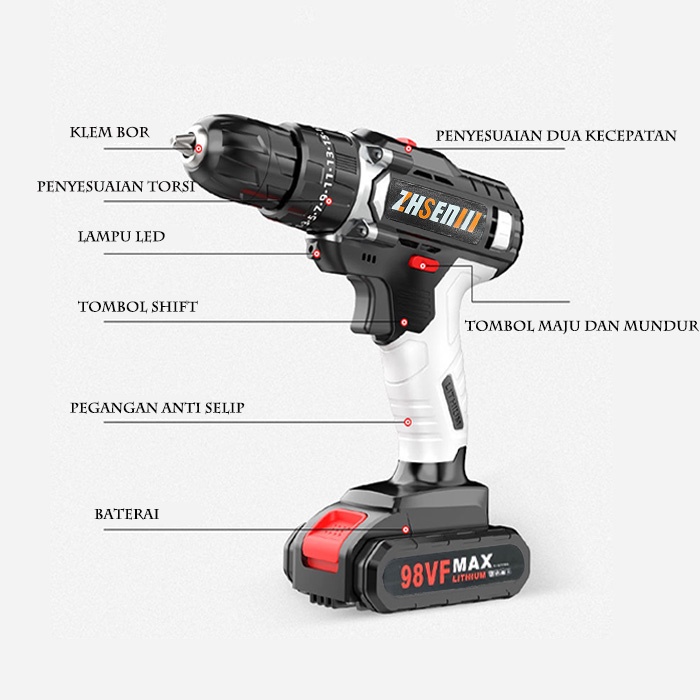 In stock Bor Listrik Bor Tanpa kabel 98V Set Lengkap Mata Bor Cordless Drill Full Set Of Drill Bits Bor Mesin Elektrik Set Reversible Mesin Bor Tangan Listrik