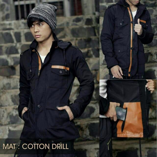 JAKET PARKA PRIA HITAM LIST ORANGE / ADA SAKU DALAM PYP