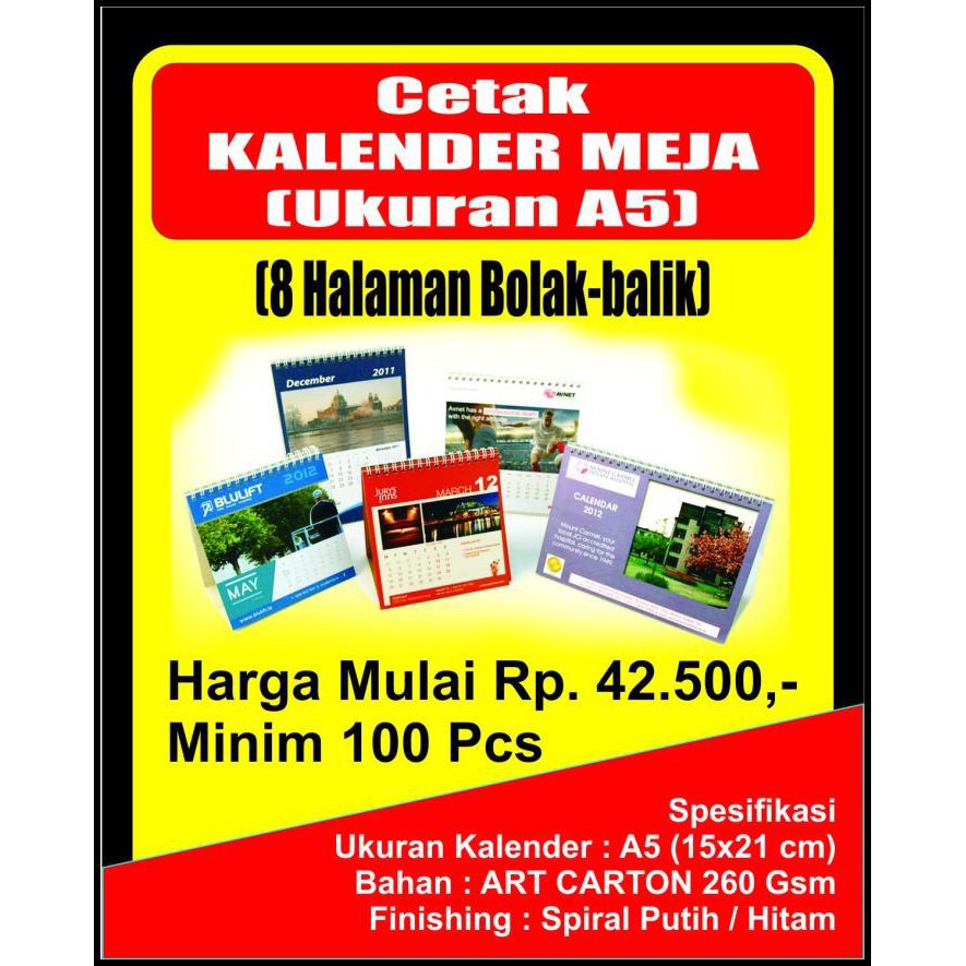 

Cetak Kalender Meja Ukuran A5 (15X21 Cm) 7 Halaman Custom