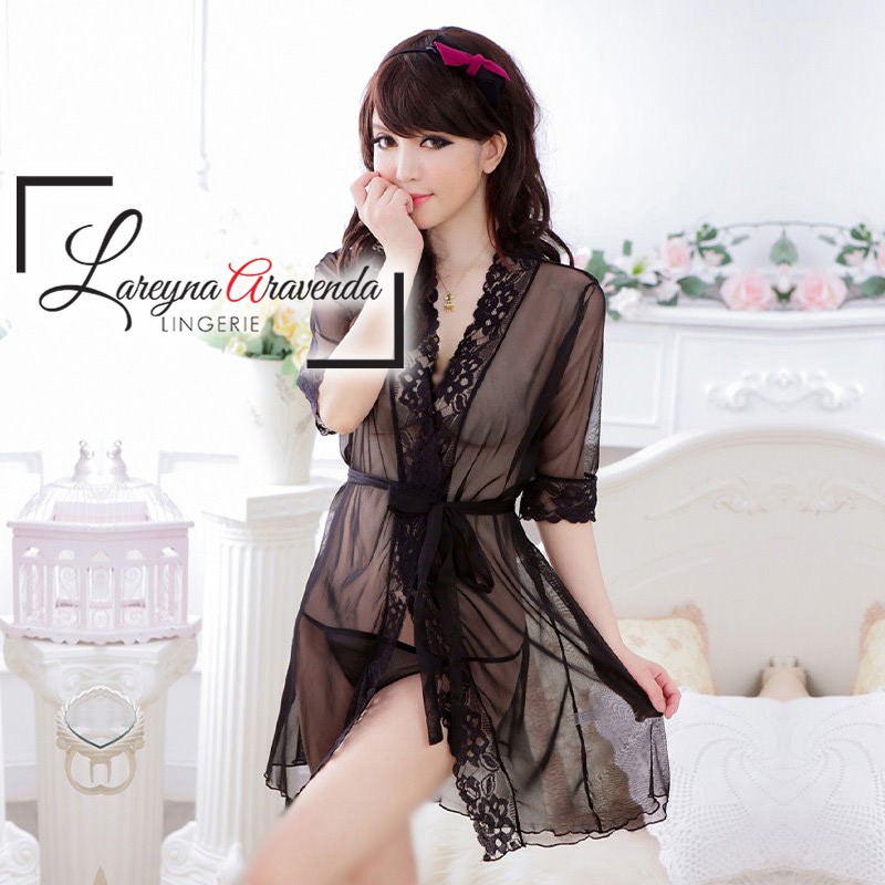 Set Lingerie Sexy + G String Transparan Model Kimono Lace LG014