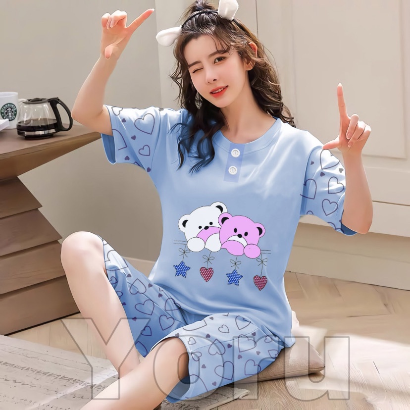 Pamelo Piyama 3/4 Baby Doll Murah Suplier Sleep Wear All Size Baju Tidur Wanita kaos Katun Stelan Stage2 Baju Tidur Murah Produk Terlaris