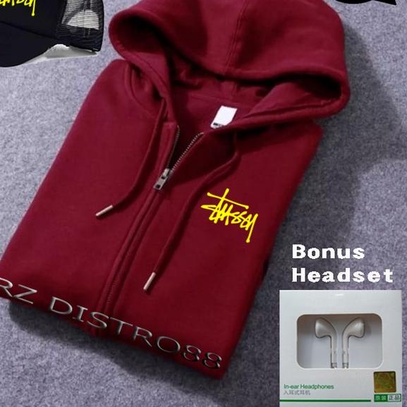Bonus Topi. Bonus Headset. Jaket Hoodie Resleting STUSSY Text Yellow / Jaket Pria wanita / Hoodie Ja