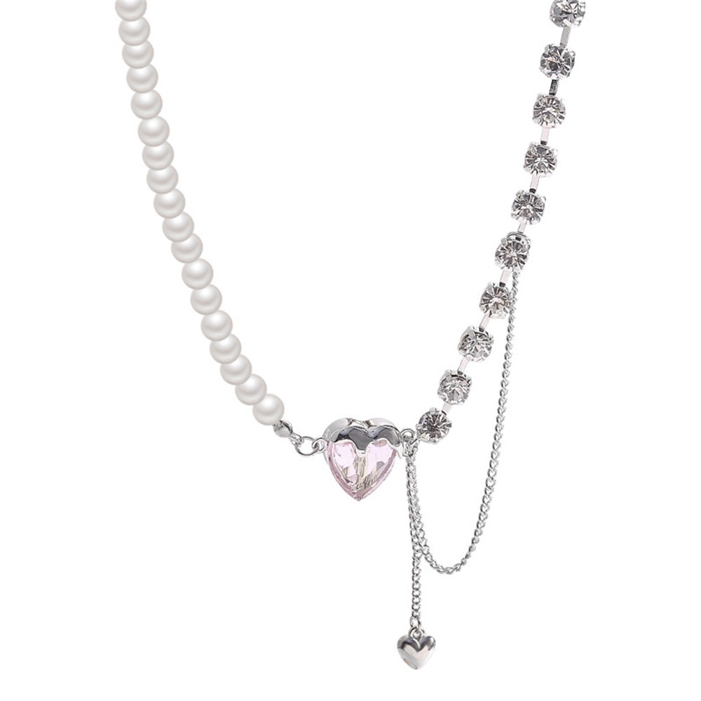 【COD Tangding】Kalung Rantai Klavikula Desain Hati Mosaik Aksen Mutiara Untuk Wanita
