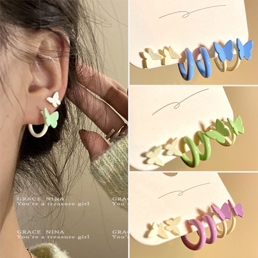 3 Pasang Anting Stud Desain Kupu-Kupu Untuk Wanita