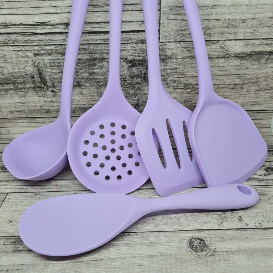 set 5pcs silicone cooking utensil / turner ladle skimmer rice spoon / set masak silikon tahan panas lilac pink tosca