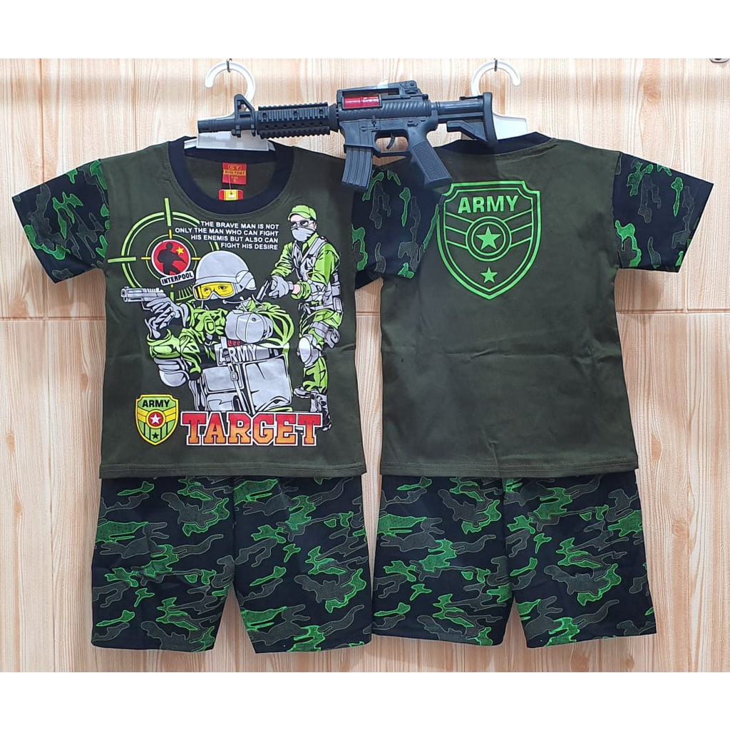 Setelan Baju Kaos Army Gratis Pistol Anak Laki Laki Umur 1 - 11 Tahun Pakaian Anak Tentara Gratis Topi