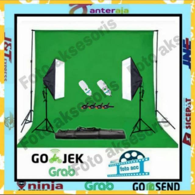 green screen dengan stand dan lighting duble softbox includ lampu 45watt