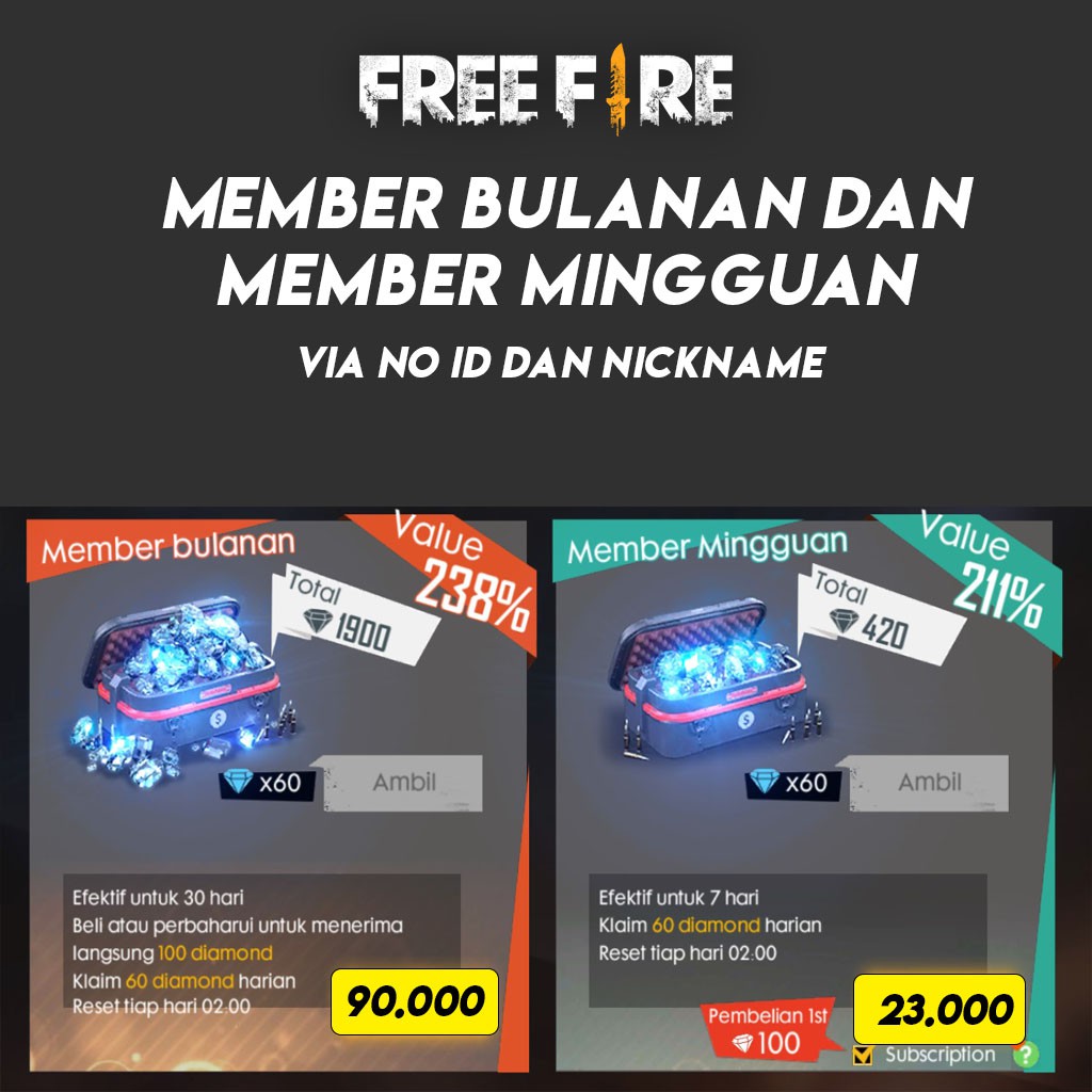 Promo Membership Free Fire Mingguan Dan Bulanan Termurah