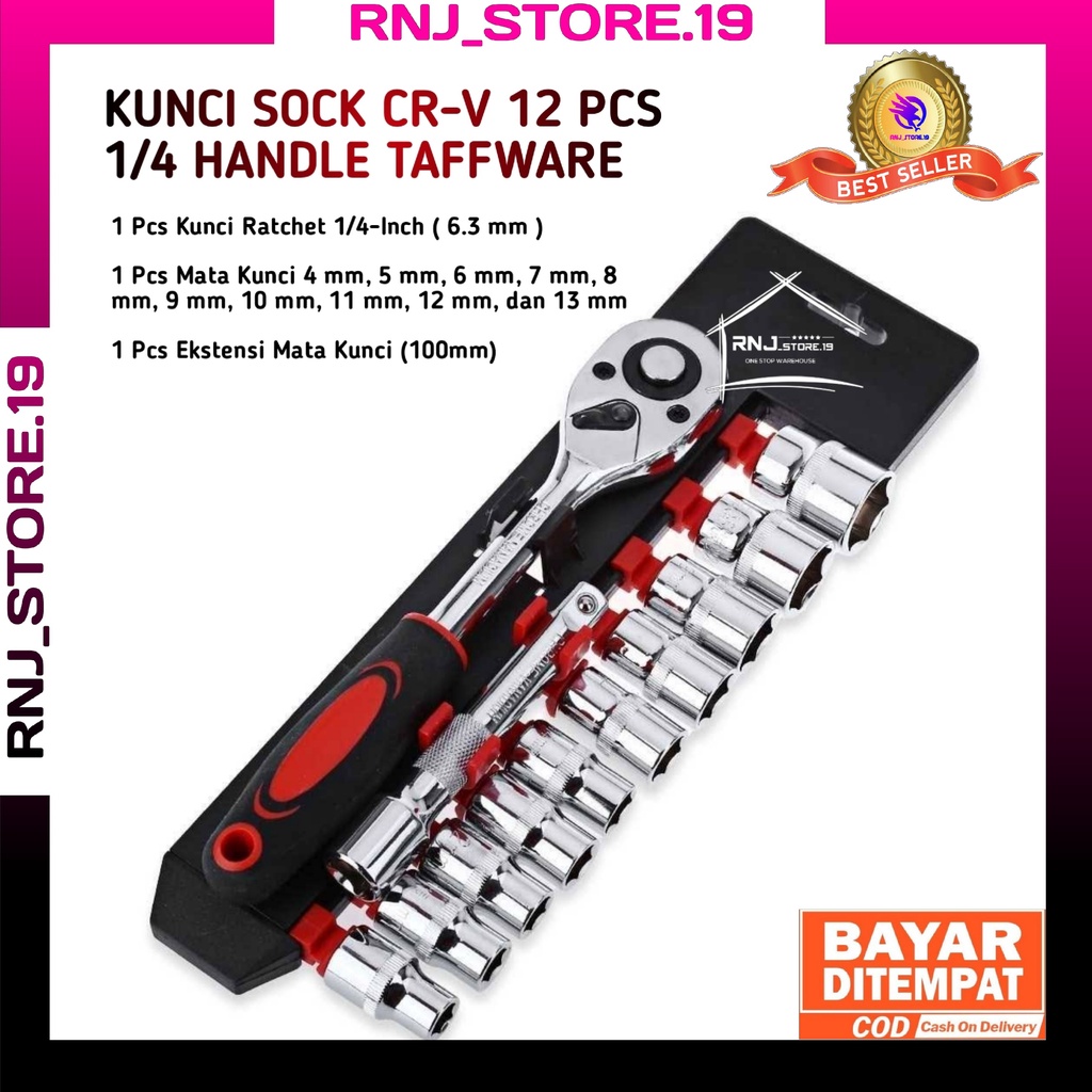 Kunci Sok/Kunci Shock/Kunci Sock 12 Pcs CR-V 1/4 Ratchet Handle Taffware/Kunci Sok Serbaguna/Kunci S