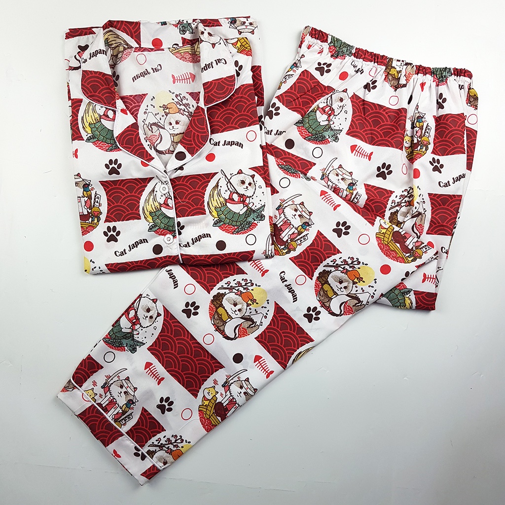 Baju Tidur Piyama Wanita Dewasa Setelan CP Motif Trendy-CPL CAT JAPAN MARUN