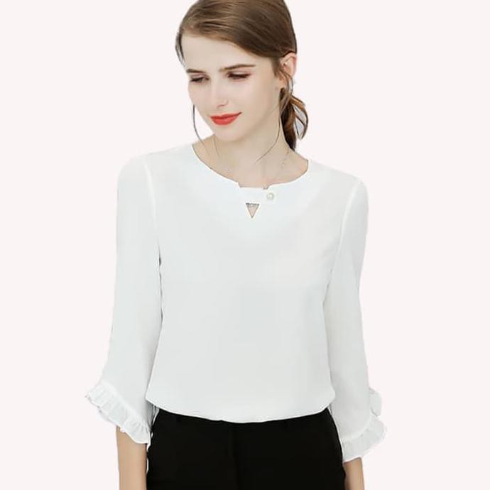 Fashion modern Baju Atasan Wanita Blouse Tangan 3/4 Wanita Style Korea Blus Niken - Putih, XL