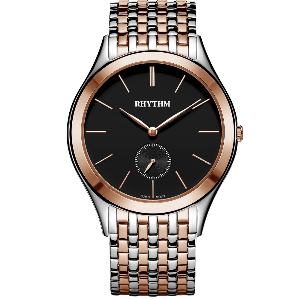 JAM TANGAN PRIA RHYTHM P1301 S06 P1301S06 ANALOG SILVER ROSEGOLD DIAL BLACK STAINLESS STRAP