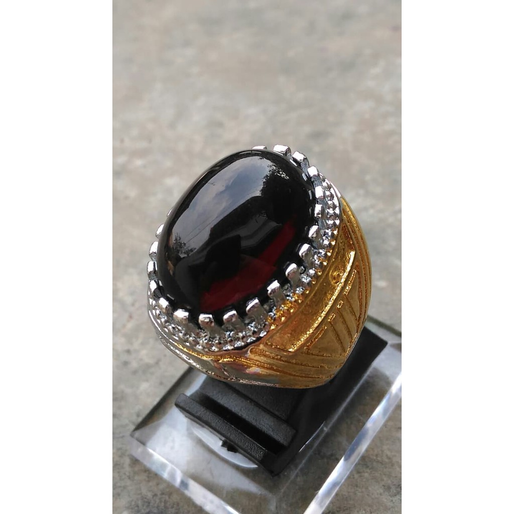ORIGINAL CINCIN BATU AKIK KECUBUNG API OBSIDIAN HITAM PEKAT TEMBUS MERAH 887